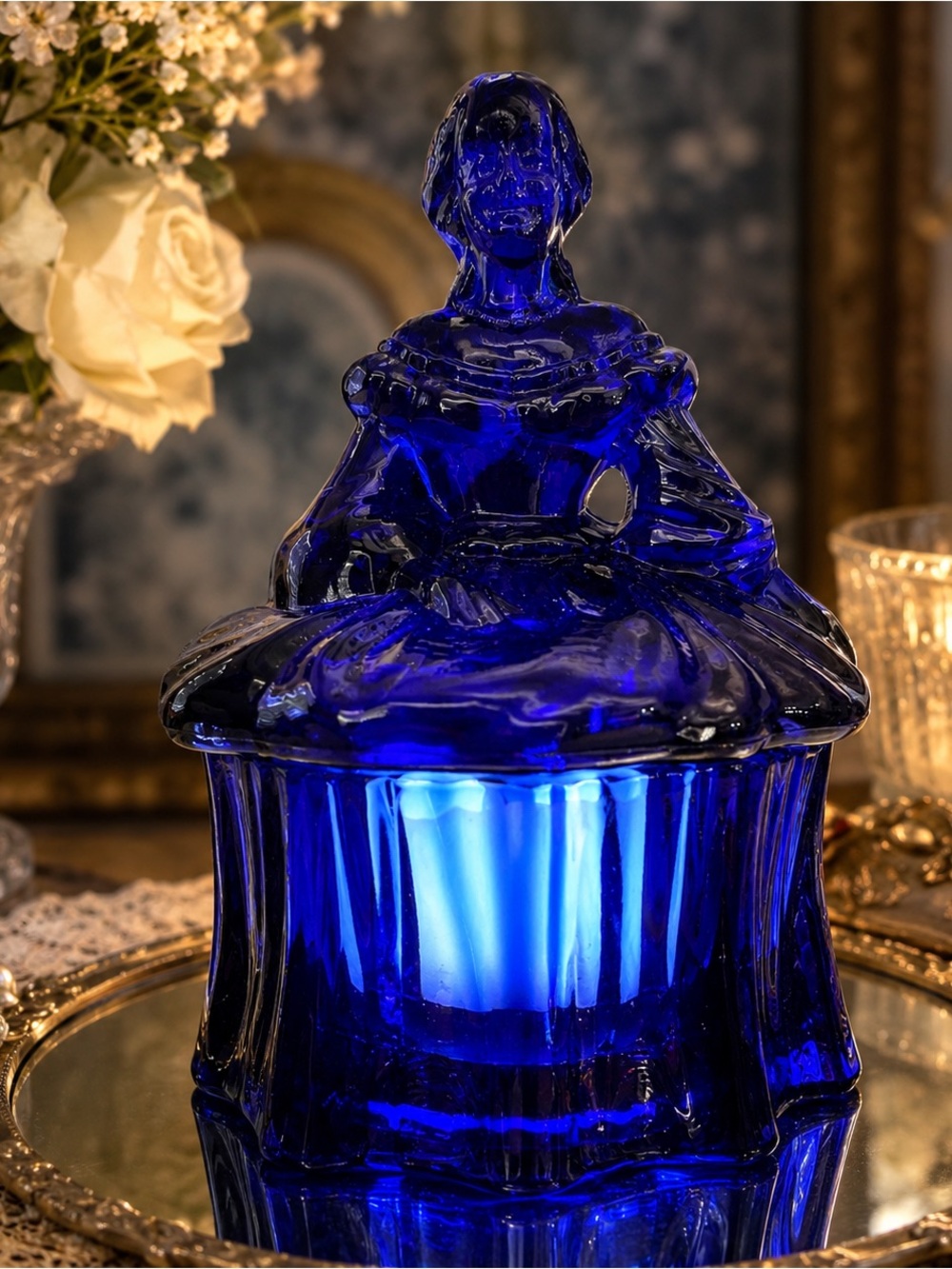 Vintage Cobalt Blue Colonial Lady Trinket Box Styled as Fairy Lamp